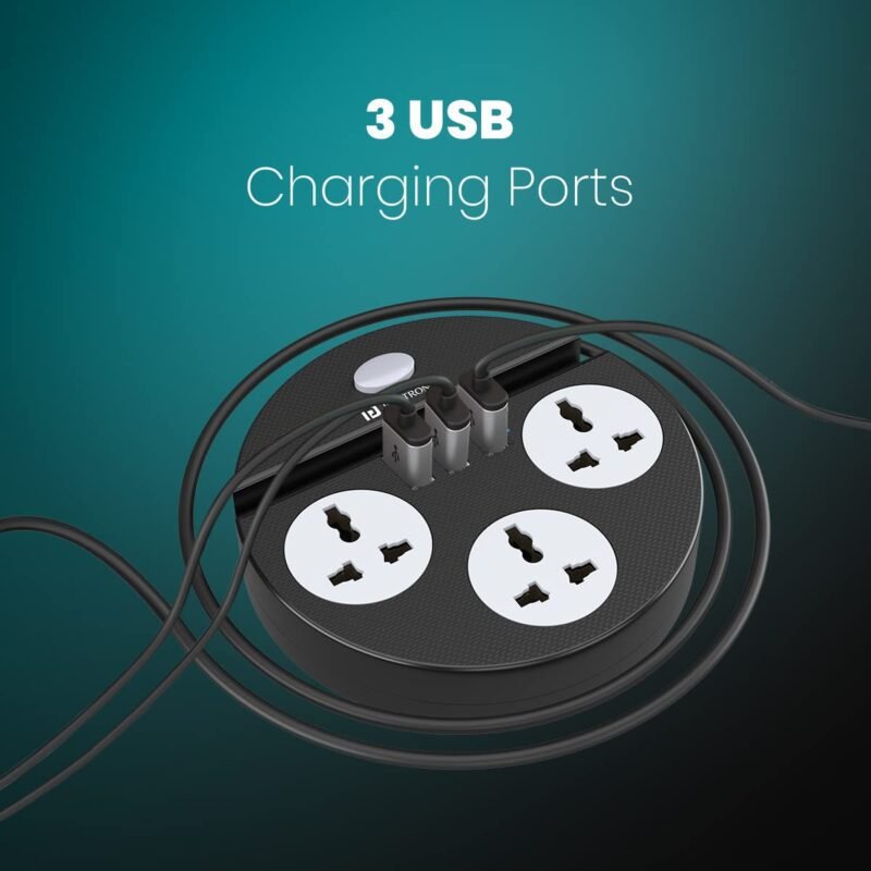 Portronics Power Plate 5 1500W Power Converter with USB Charger & Mobile Holder 3AC Socket + 3USB Ports, 1.5 m Cord Length (Black) - Image 4